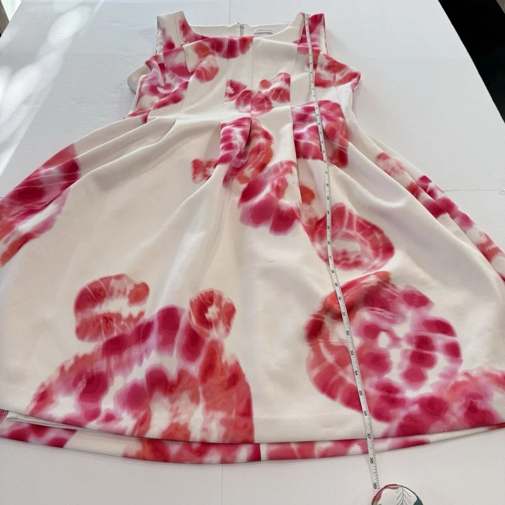Calvin Klein Pink Tie Dye Floral Scuba Knit‎ Sleeveless Flare Dress Pockets 14